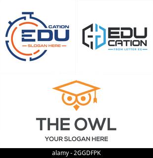 Bildung mit Stoppuhrbuchstaben EG und Eule Graduierung Kappe Logo-Design Stock Vektor
