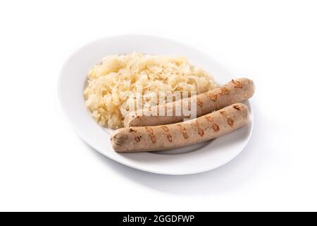 Bratwurst und Sauerkraut isoliert auf weißem Hintergrund Stockfoto