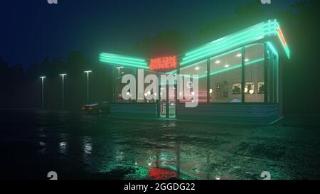 Neon Diner und Retro Auto spät in der Nacht. Nebel, Regen und Farbreflexe auf Asphalt. 3D Abbildung Stockfoto