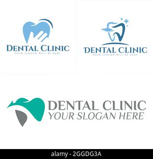 Zahnklinik mit Zahn- und Handlogo-Design Stock Vektor