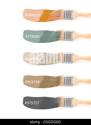 Viele Pinsel und Beispiele von Malstrichen auf weißem Hintergrund Stockfoto