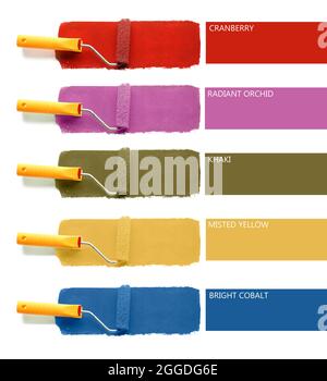 Rollen mit unterschiedlichen Farbschlägen auf weißem Hintergrund Stockfoto