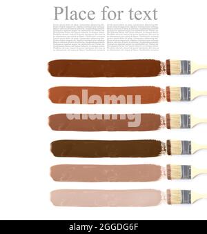 Viele Pinsel und Beispiele von Malstrichen auf weißem Hintergrund mit Platz für Text Stockfoto