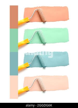 Rollen mit unterschiedlichen Farbschlägen auf weißem Hintergrund Stockfoto