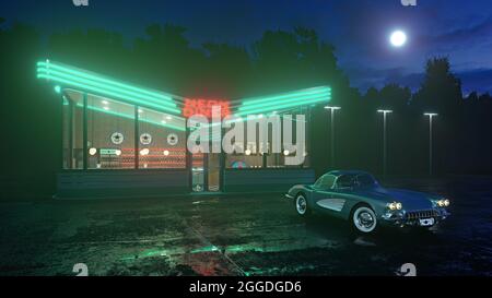 Neon Diner und Retro Auto spät in der Nacht. Nebel, Regen und Farbreflexe auf Asphalt. 3D Abbildung Stockfoto