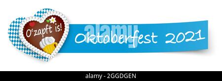 EPS 10 Vektor mit langem blauem Haftpapier und Lebkuchen Herz mit Text Oktoberfest 2021 Stock Vektor