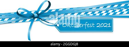 EPS 10 Vektor-Illustration von blau gefärbten Band Schleife mit Tag und Text aufhängen Oktoberfest 2021 isoliert auf weißem Hintergrund Zur Zeit des deutschen Oktoberfestes Stock Vektor