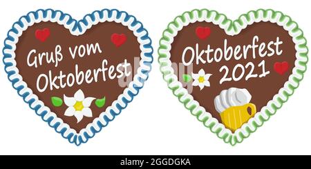 Illustriertes Lebkuchenherz mit Text auf deutsch zur Oktoberfestzeit 2021 2022 Stock Vektor