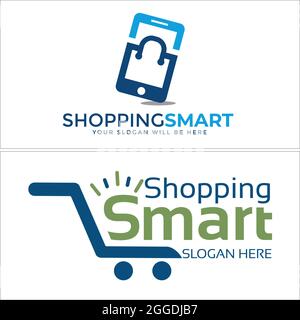 Shopping Einzelhandel E-Commerce mit Warenkorb Tasche und Handy-Logo-Design Stock Vektor