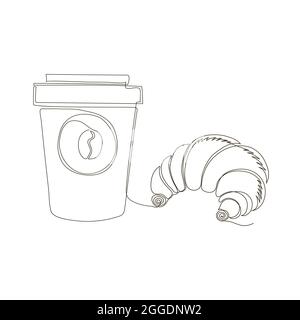 Eine Fortlaufende Linienzeichnung. Fast Food Doodle. Moderner Minimalistischer Stil. Süßes Croissant-Symbol und Tasse Kaffee isoliert auf weißem Hintergrund. Stock Vektor
