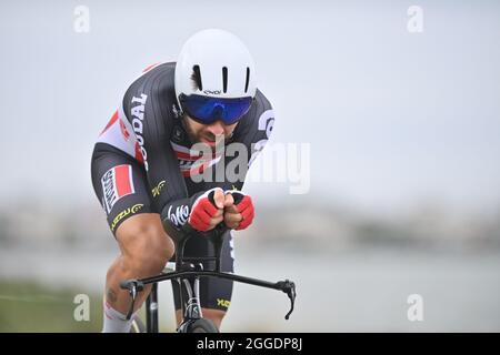 Der Belgier Thomas De Gendt von Lotto Soudal wurde bei der zweiten Etappe der Benelux-Radtour in Aktion gezeigt, einem individuellen Zeitfahren, 11,1 km von und entfernt Stockfoto