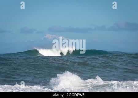 Breaking Waves, Owhiro Bay, Wellington, Nordinsel, Neuseeland. Schneebedeckte Kaikoura Ranges in der Ferne. Stockfoto