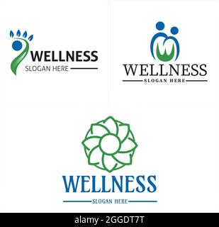 Wellness-Logo mit Menschen Blatt Fuß und Blume grün Design-Vektor Stock Vektor