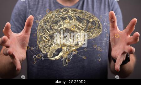 Hände, die ein 3D-gerendertes Hologramm eines Gehirns mit Netzwerkverbindungen halten. Stockfoto