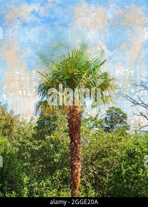 Eine hohe Kokospalme vor einem grünen tropischen Wald. Tropischer Baum mit einer großen Krone. Digitale Aquarellmalerei. Stockfoto