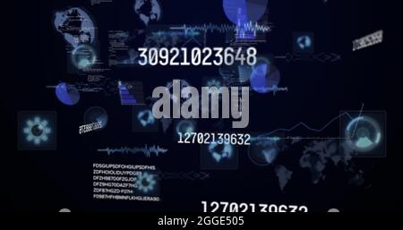 Bild von sich ändernden Zahlen und Datenverarbeitung auf Bildschirmen über der Weltkarte Stockfoto