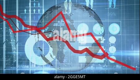 Abbildung von Diagrammen mit Daten und Informationen, die sich über einen Globus bewegen Stockfoto