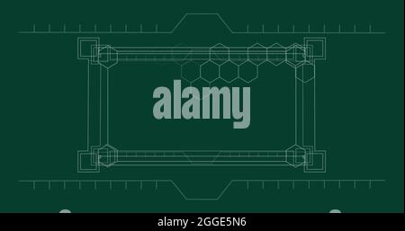 Bild von Datenverarbeitung und digitalen geometrischen Sechseck-Formen auf grünem Hintergrund Stockfoto