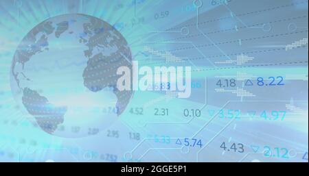 Bild bewegter Daten und Informationen mit Diagrammen über die Drehbewegung des Globus Stockfoto