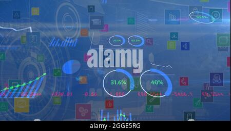 Abbildung der Verarbeitung von Finanzdaten über Scopes und digitale Symbole Stockfoto