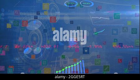 Abbildung der Verarbeitung von Finanzdaten über Scopes und digitale Symbole Stockfoto