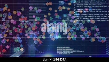Bild von digitalen Symbolen und Datenverarbeitung auf blauem Hintergrund Stockfoto