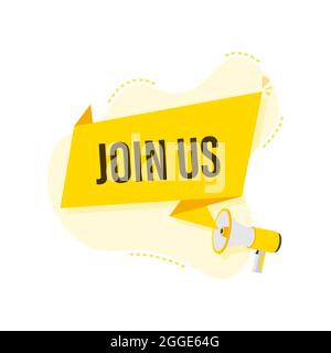 Hand hält Megaphon mit Join US. Megaphon-Banner. Webdesign. Stock Vektor