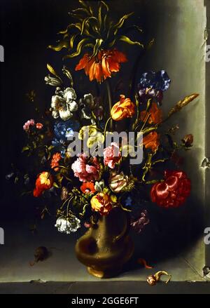 Blumenstillleben mit einer kaiserlichen Krone in einer Steinnische, 1613 Jacob Vosmaer 1584-1641, Ölfarbe auf Tafel, Niederländisch, Niederlande. Stockfoto