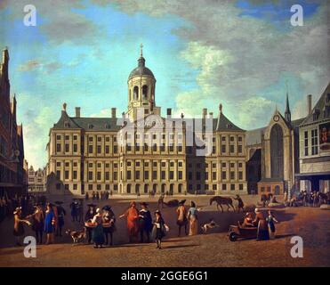 Das Rathaus am Dam-Platz in Amsterdam 1672 von Gerrit Berckheyde 1638-1698 Öl auf Leinwand. Das Rathaus am Dam-Platz (der aktuelle königliche Palast) Golden Age. Amsterdam. Rathaus hier in seiner ganzen Pracht. Trubel und Aktivität auf dem zentralen Platz der Stadt. Niederländisch, Niederlande. Stockfoto