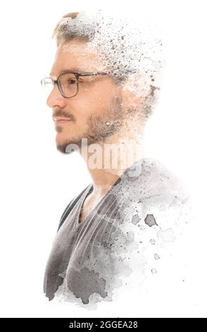 Paintographie. Männliches Porträt auf weißem Hintergrund Stockfoto