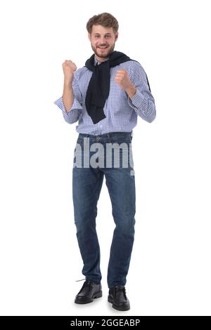 Aufgeregt Mann hält Fäuste als Erfolg zu erreichen. Positive Emotionen feiern den Sieg als Sieger isoliert auf weißem Hintergrund. Stockfoto