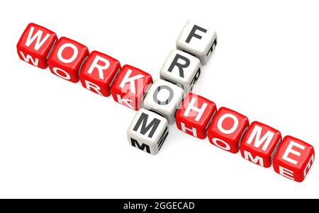 Arbeiten Sie von zu Hause aus Wortpuzzle mit weißem Hintergrund, 3D-Rendering Stockfoto
