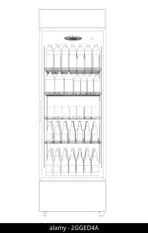 Kontur eines Ladenkühlschranks mit Flaschen und Dosen von Getränken aus schwarzen Linien isoliert auf weißem Hintergrund. Vorderansicht. Vektorgrafik. Stock Vektor