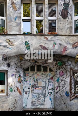 Kiefernstraße, Wohnstraße der linken Alternativszene mit Street Art an der Hausfront, Düsseldorf, Nordrhein-Westfalen Stockfoto