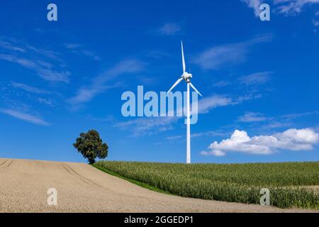 Windenergie, Windturbine, Agrarlandschaft mit Windturbine bei Pramet im Innviertel, wolkig, Oberösterreich, Österreich Stockfoto