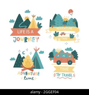 Handgezeichnete Abenteuer Abzeichen Set Vektor Illustration. Stock Vektor
