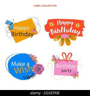 Flache minimal Geburtstag Etiketten Vektor-Illustration. Stock Vektor