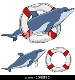 Set von farbigen Illustrationen mit einem Delphin und einer Rettungsboje. Isolierte Objekte auf weißem Hintergrund. Stock Vektor
