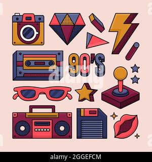 Flache nostalgische 90er Jahre Elemente Set Vektor Illustration. Stock Vektor