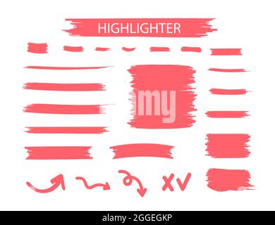 Rote Markierungen Für Textmarker. Gelbes Aquarell, handgezeichnetes Highlight-Set Stock Vektor
