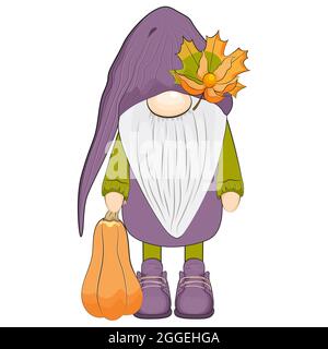 Niedlicher Herbstgnome mit Kürbis. Vektorgrafik. Stock Vektor