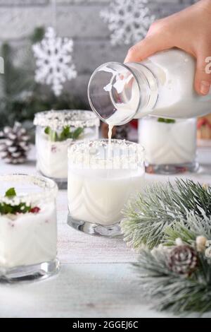 Cocktail machen Weißer weihnachtlicher Mojito aus Likör, Tequila, Kokosmilch mit Granatapfelkernen, Kokosflocken und erfrischender Minze. Stockfoto