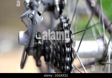 Selektive Nahaufnahme von Radgetrieben auf dem Mountainbike Stockfoto