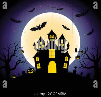 Halloween Vektorgrafik. Happy Halloween Banner Hintergrund mit Fledermäusen, Mond, Burg, Web, Friedhof und Kürbisse. Gruselige Nacht Hintergrund. Stock Vektor