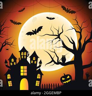 Halloween Vektorgrafik. Happy Halloween Banner Hintergrund mit Fledermäusen, Mond, Burg, Web, Friedhof und Kürbisse. Gruselige Nacht Hintergrund. Stock Vektor