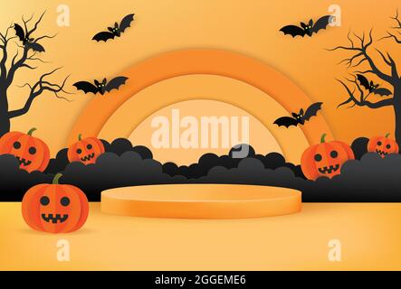 Halloween 3D Rendering Hintergrund Vektor Illustration in Papier geschnitten Stil. Halloween Orange Banner mit Kürbissen, Fledermäusen, Podium, Wolken und gruseligen Baum Stock Vektor