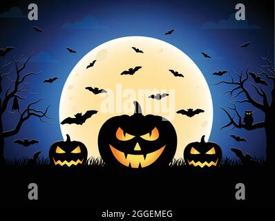 Halloween Vektorgrafik. Happy Halloween Banner Hintergrund mit Fledermäusen, Mond, Friedhof und Kürbisse. Gruselige Nacht Hintergrund. Stock Vektor