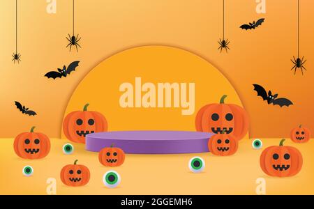 Halloween 3D Rendering Hintergrund Vektor Illustration in Papier geschnitten Stil. Halloween orangefarbenes Banner mit Kürbissen, Fledermäusen, Podium, Spinnen und Augäpfeln. Stock Vektor