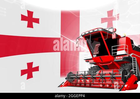 Digitale industrielle 3D-Illustration von roten modernen Weizen Mähdrescher auf Georgia Flagge - Landwirtschafts-Ausrüstung Innovationskonzept Stockfoto