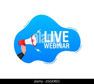 Webinar „Hand Holding Megaphone with Live“. Megaphon-Banner. Stock Vektor